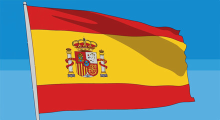 Fototapeta premium A waving Spanish flag with its coat of arms against a bright blue sky