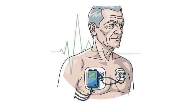 Elderly man with pacemaker and heart monitor display