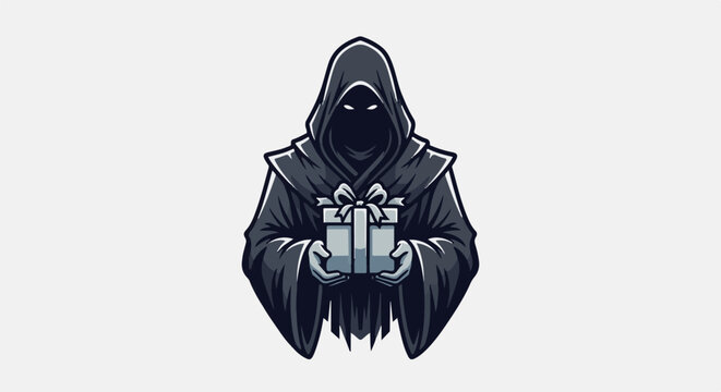 Eerie figure in a dark robe offers a wrapped gift with glowing eyes