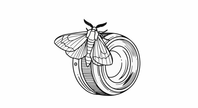 Detailed line art illustration of a moth perched atop a spinning record