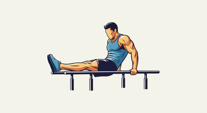 Muscular man performing a dip exercise on parallel bars, emphasizing strength