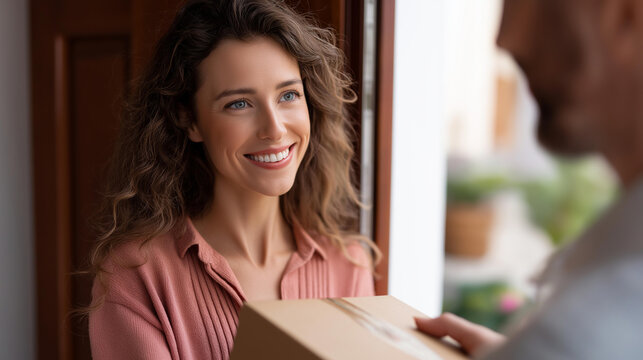Smiling woman opening her bright front door to accept a delivery box from a uniformed courier, welcoming expression, residential shipping, parcel handoff, customer experience, home delivery