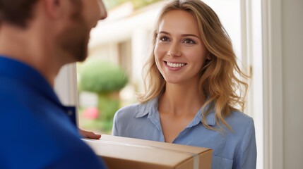 Obraz premium Happy woman opening her bright front door wide to receive a large package from a smiling courier in uniform, residential shipping, parcel handoff, customer delight, doorstep delivery service,