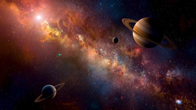 Stunning Colorful Space Scene With Ringed Planets And Bright Nebula Against Starry Cosmos Background