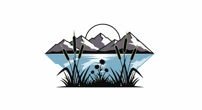 Mountain reflection in water with cattails and flowers at sunset