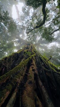 Massive ancient tree trunk with moss in misty forest. Low angle view of a massive moss-covered tree trunk reaching into the mist of a tropical forest.