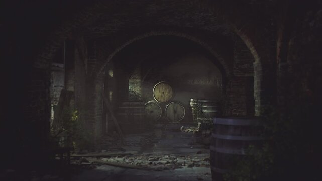 Misty cellar entrance with glowing light, backlit haze revealing floating dust, damp stone floor and wooden barrels, eerie quiet, cinematic contrast ideal