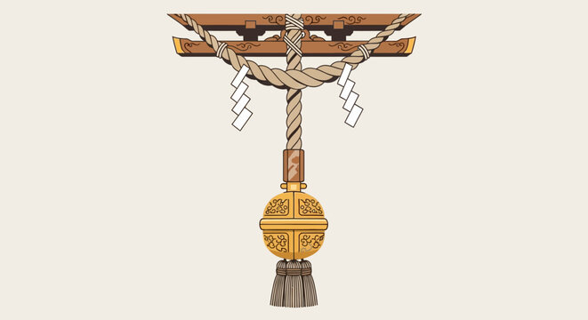 Japanese Shinto Shrine Bell and Torii Gate Illustration