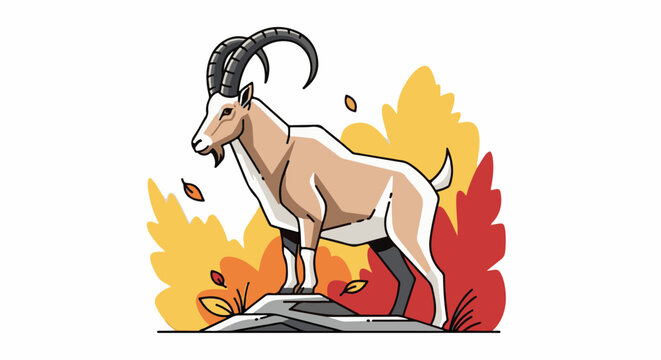 Stylized ibex with large curved horns standing on rock with autumn foliage