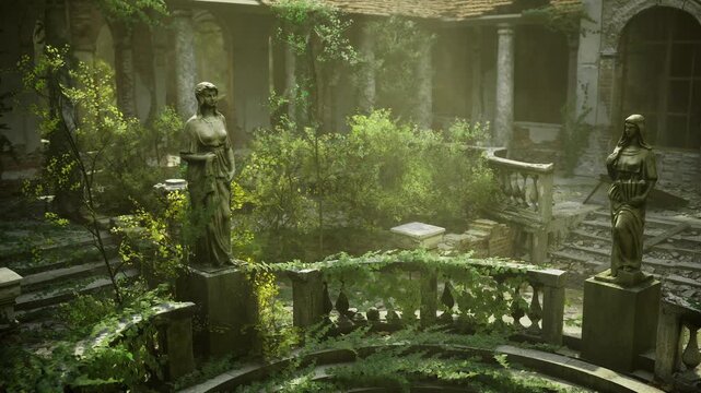 Tranquil green refuge amidst crumbling pillars. Silent sanctuary enveloped by verdant plants and weathered ancient columns inviting introspection
