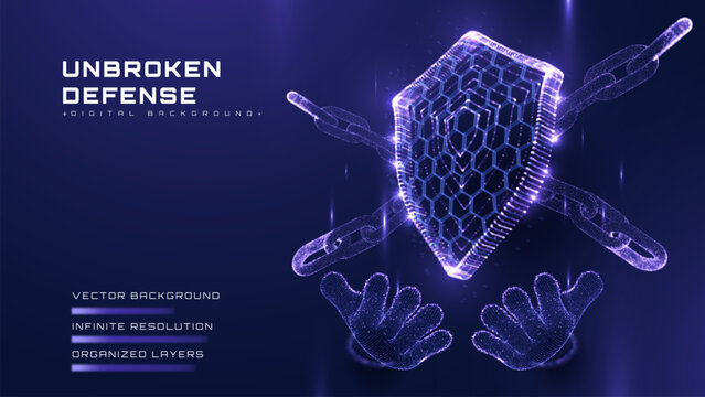 Abstract cyber security background showing digital defense shield and hand with glowing neon unbroken chain protection concept. Vector illustration.