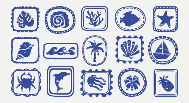 A set of hand-drawn blue marine and tropical icons in a postage stamp style. A collection of nautical elements for travel design and vacation themes.