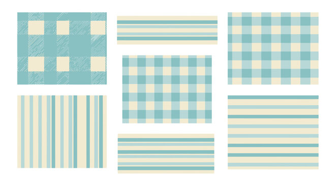 Blue and Cream Gingham and Stripe Seamless Patterns Collection