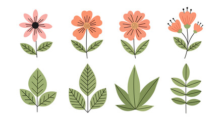 Fototapeta premium Collection of stylized pink and coral flowers with green leaves white background