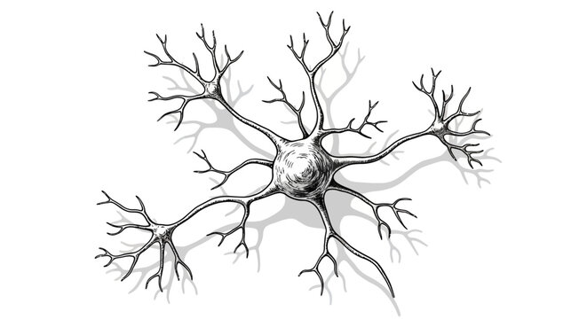 Nerve cell anatomy illustration showing multipolar neuron structure with dendrites and central nucleus on white.