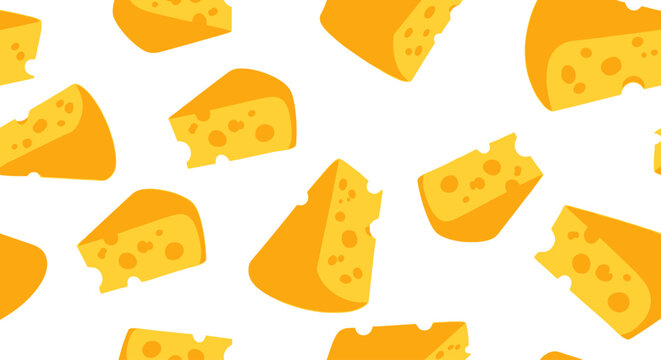 Seamless pattern of yellow swiss cheese wedges with holes white background food dairy