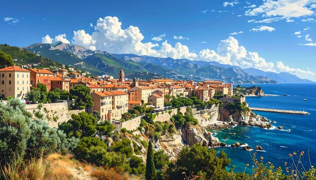 A picturesque coastal town perched on a cliffside overlooking the ocean