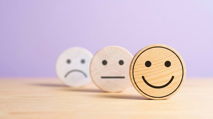 Happy Feedback Satisfaction Review Emotion Rating Customer service experience with wooden blocks showing different faces on a purple background for evaluation and success concepts.