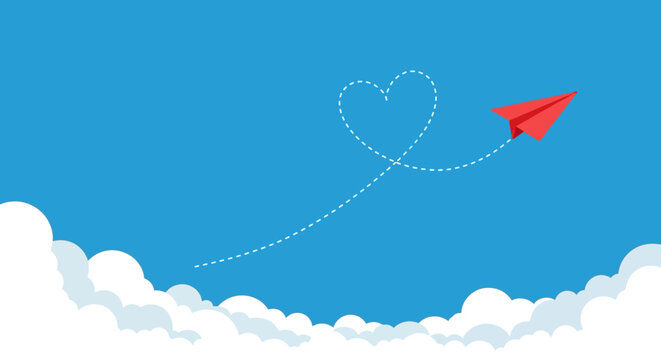 Minimalist illustration of a red paper airplane flying in a blue sky with white clouds and a heart-shaped dotted trail.