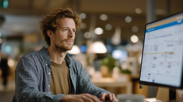Nonprofit coordinator assembling custom donation tracking system using visual workflow builder on large monitor in community center office, perfect for civic engagement keywords, and contemporary ac