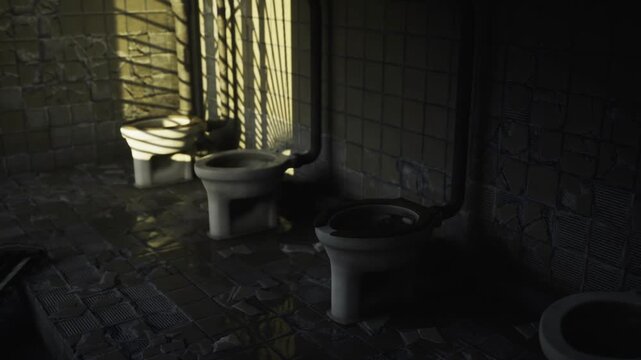 Bleak postapocalyptic toilet row with cracked porcelain, damp tiled floor and heavy shadows, atmosphere of abandonment, survival and urban collapse