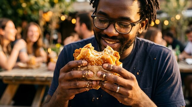 Happy African American man eating a delicious fried chicken burger at an outdoor patio restaurant
