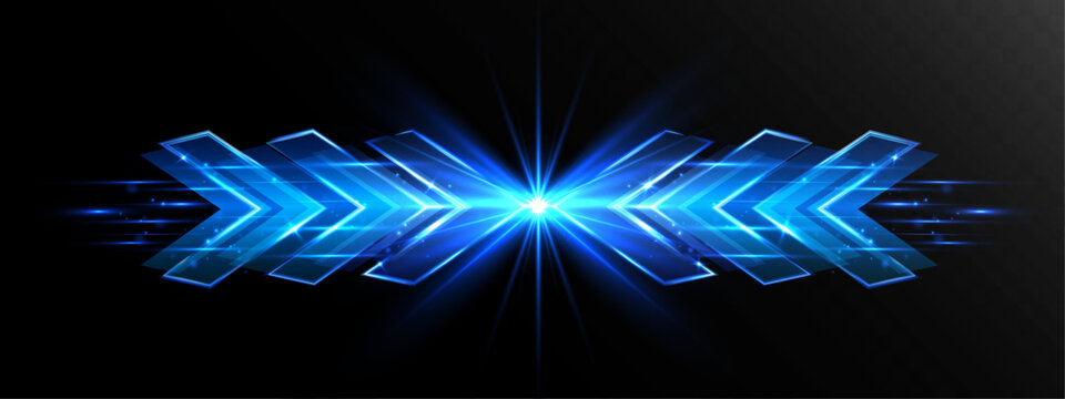 Glowing blue arrows converging with light burst and dynamic motion effect on dark background

