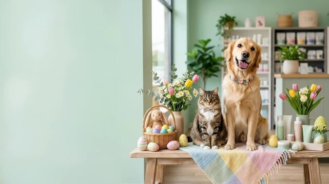 Golden retriever and tabby cat sitting on table with Easter basket and eggs. Festive spring pets scene in cozy green room. Holiday celebration concept for animal lovers