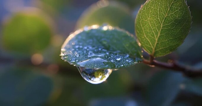 A stunning macro close-up reveals a fresh green leaf sparkling with numerous water droplets. A large, crystal-clear drop hangs suspended from the leaf's delicate edge, beautifully reflecting the seren