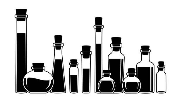 Minimalist black potion and vial silhouettes vector set for fantasy, magic, and alchemy designs
