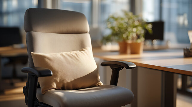 Ergonomic office chair adjusted with lumbar support pillow, under-desk footrest visible, adaptive workspace modifications in neutral tones, perfect for invisible disability, workplace wellness, and 