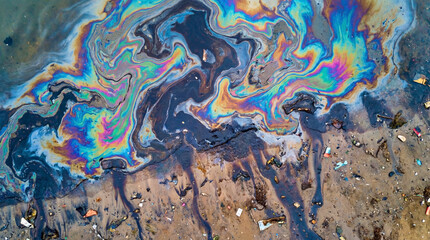 Naklejka premium Toxic oil slick creates colorful patterns across polluted shoreline water and sand. 