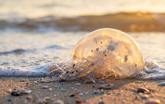 Jellyfish washed ashore contains visible microplastic particles trapped inside its body. 