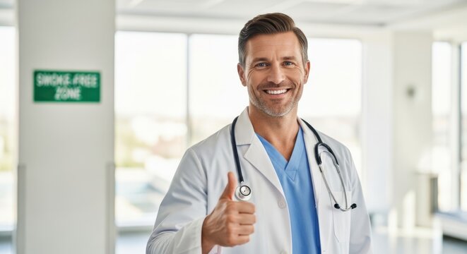 A smiling male doctor in a white lab coat and stethoscope gives a thumbs-up gesture in a modern hospital hallway.