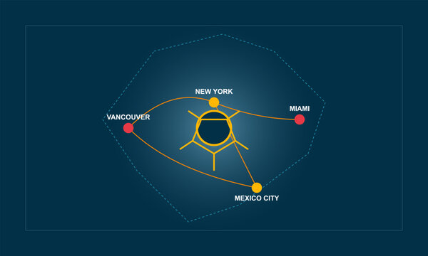 Hand-drawn stylized map connecting Vancouver New York Miami and Mexico City with geometric lines representing host authentic illustration