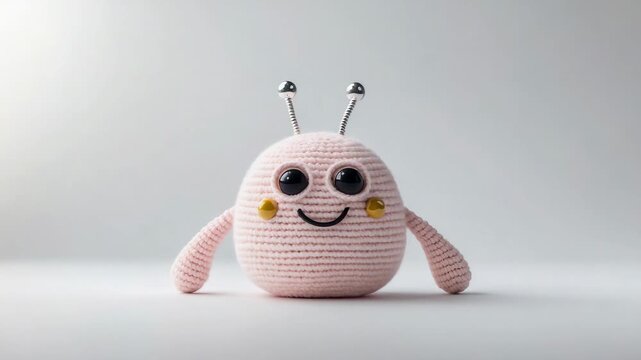 Cute pink plush toy with big eyes and antennas on a white background