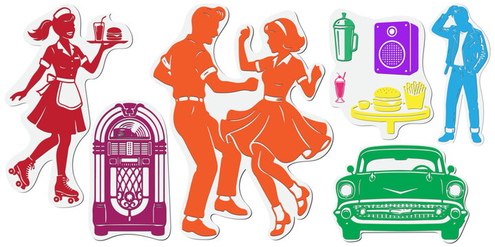 1950s retro diner and rock and roll color silhouettes set. Vintage stickers collection of jukebox, classic car, dancing couple, and waitress on roller skates isolated