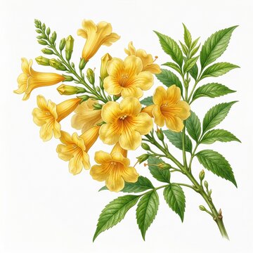 Elegant Botanical Illustration of Yellow Tecoma Stans Flowers with Green Foliage - Tropical Trumpetbush Floral Design Element