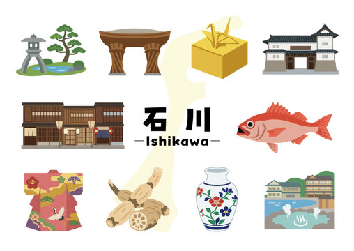 石川県の観光・伝統工芸・グルメアイコンセット（金沢・兼六園・金箔・九谷焼）