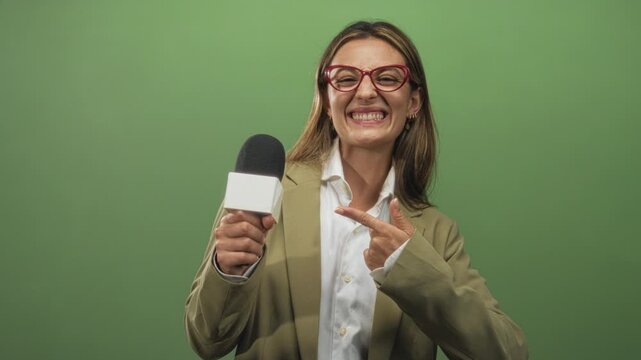 Woman reporter holding microphone and pointing finger in green studio backdrop; enthusiasm promotion engagement.