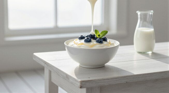 White bowl with yogurt blueberries and milk being poured by window