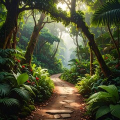 Naklejka premium A serene forest path with lush greenery and vibrant flowers