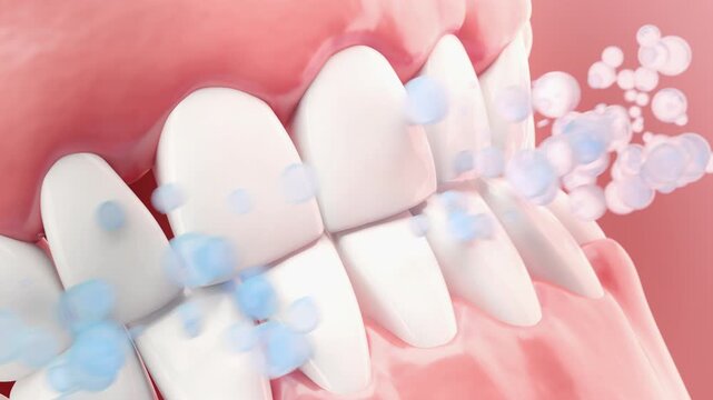 Concept health. Plenty bubbles fall down to help clean stains and bacteria that are clinging to teeth over a light blue background. Video for toothpaste products advertising. 3D render