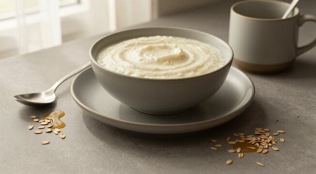 Oat porridge served creamy in bowl on breakfast table