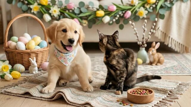 Golden retriever puppy and tabby kitten posing with easter eggs in basket. Adorable pets surrounded by tulips and bunny figures on festive spring setup. Charming holiday scene for easter celebrations