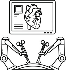 Fototapeta premium Modern robotic surgery concept depicting mechanical arms performing heart operation monitored by medical screen display in line art style