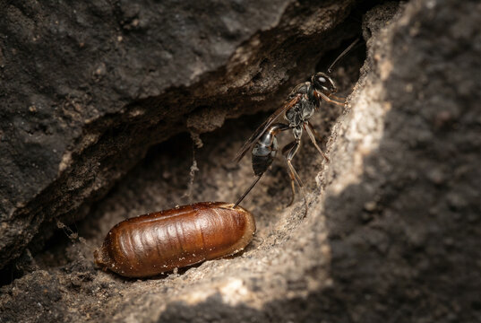 Evaniidae wasp parasitizing a cockroach ootheca egg case in nature