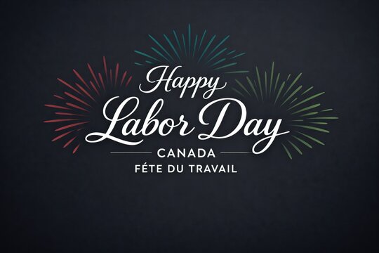 Happy Labor Day Canada greeting, F&ecirc;te du Travail bilingual message with fireworks, elegant holiday celebration banner on dark textured background