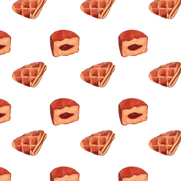 Watercolor French pastry seamless pattern with waffle slice and jam filled cake, hand painted dessert repeat background for bakery branding, textile, wrapping paper, and menu design