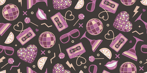 Seamless retro pattern of 80s-90s with disco and music elements.  Disco banner.  Memphis style background. Vector illustration © annbozhko
